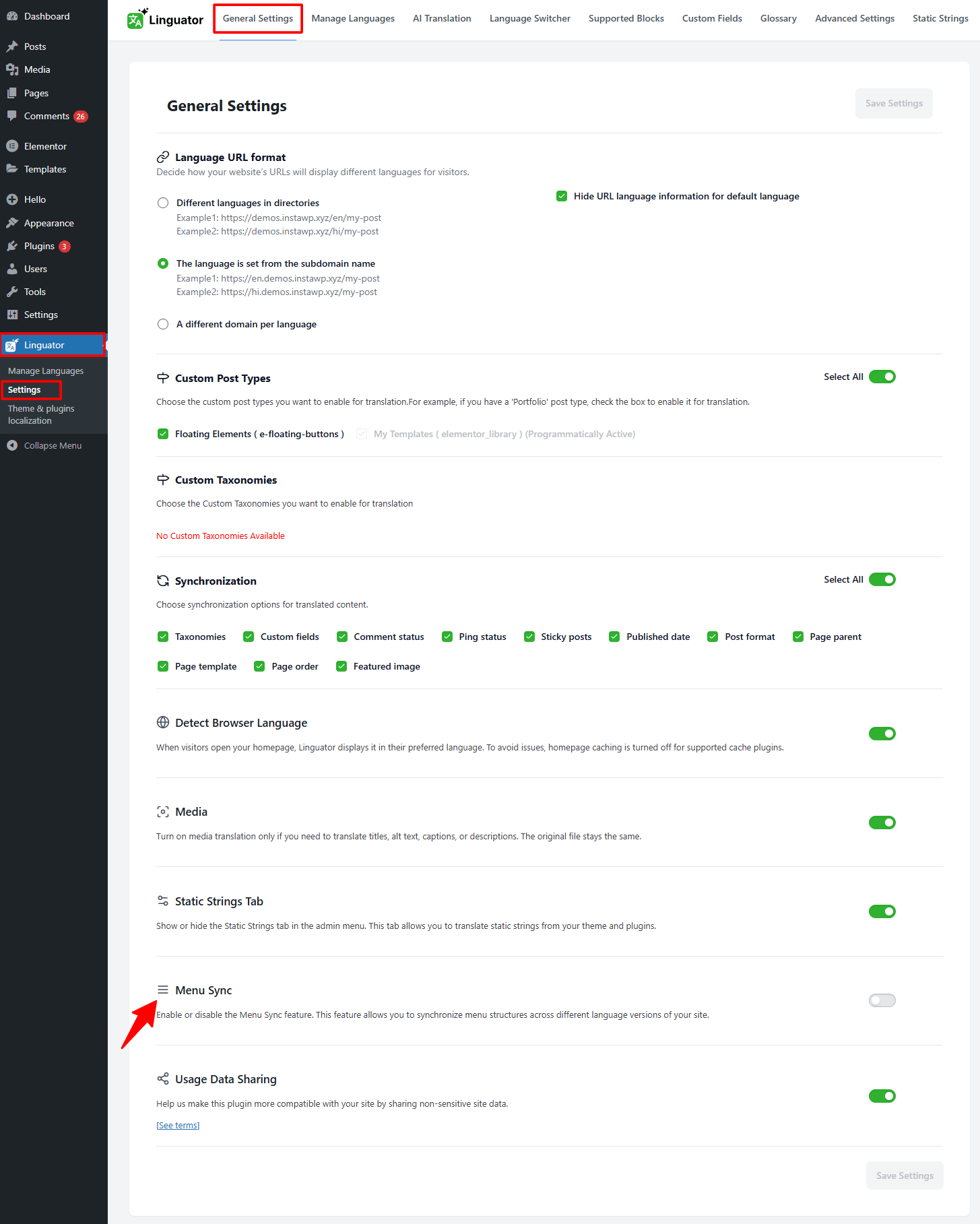 enable menu sync