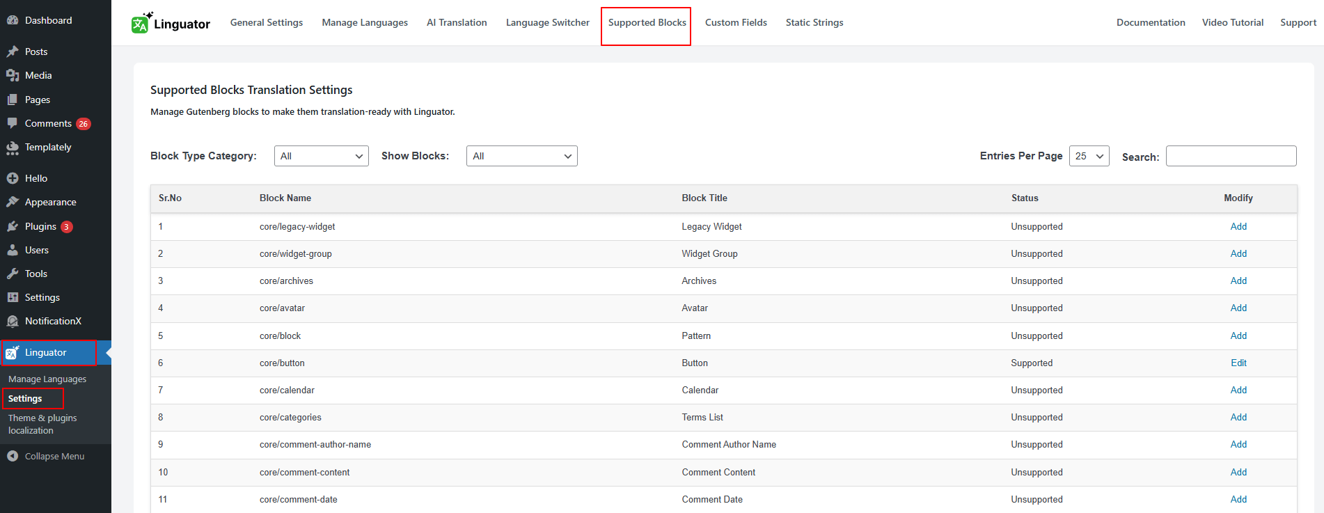 linguator supported blocks