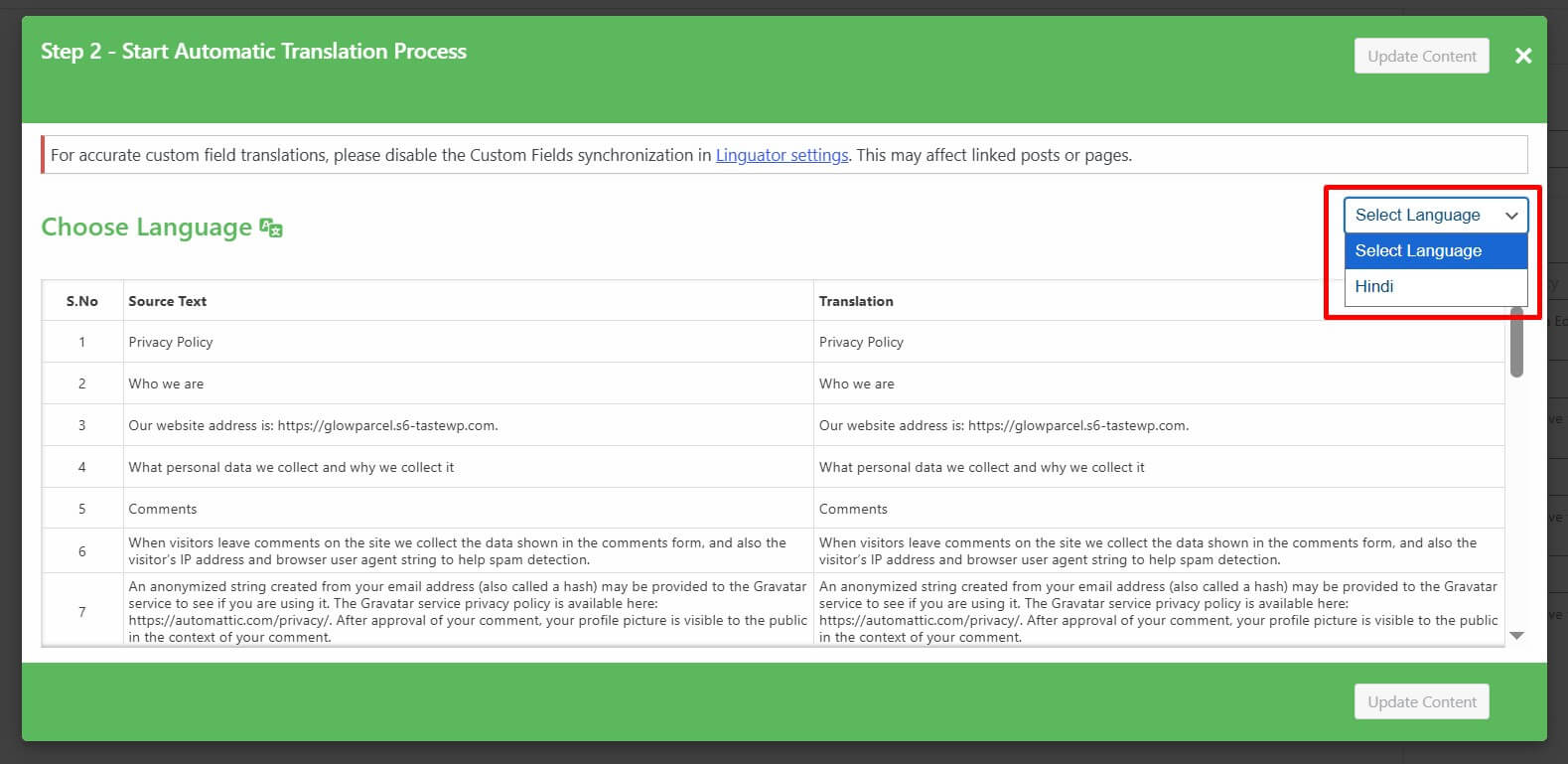 select translation language